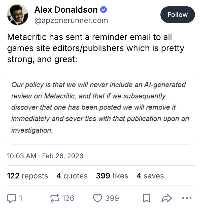 A Bluesky post from Alex Donaldson sharing Metacritic's email to publishers on how it will handle AI-generated reviews.